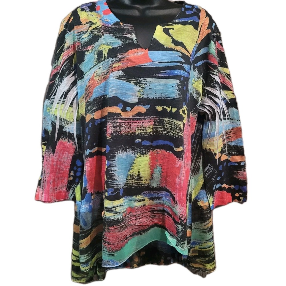 Jess & Jane Asymmetric Contrast Hem Burnout Tunic 1X Abstract Multicolor Artsy